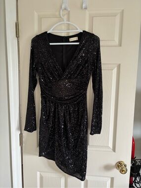 Altar'd State Black Sequin Long-Sleeve V-Neck Dress